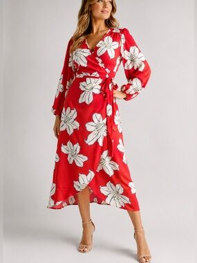 Entro Women’s Red Floral Wrap Midi Dress Long Sleeve V-Neck Boho Tie Waist
